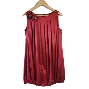 ANNA SUI Red Pleated Bubble Tank Sateen Dress Sz 4 Floral Beaded Appliqué Party
